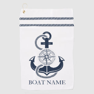 Nautical Navy Blue Anchor Boat Name Golf Towel