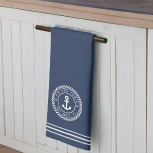 Nautical Navy Blue Anchor Boat Name Kitchen Towel