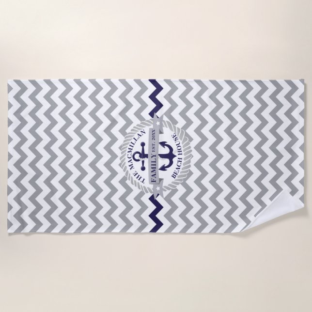 Nautical Navy Blue Anchor Chevron Pattern Family Beach Towel (Front)