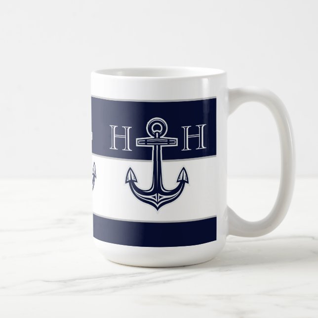 Nautical Navy Blue Anchor Coastal Monogram Coffee  Coffee Mug (Right)