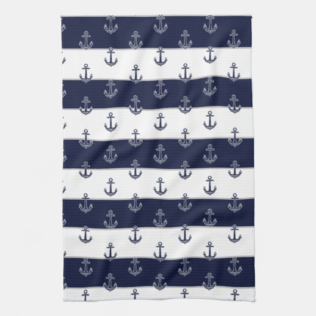 Nautical Navy Blue Anchor Coastal Monogram  Kitche Tea Towel (Vertical)