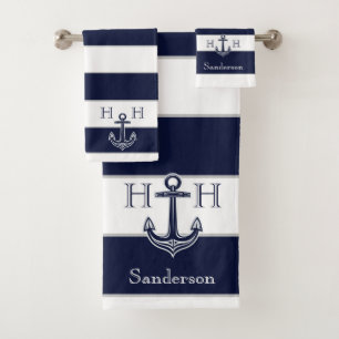 Nautical Navy Blue Anchor Coastal Monogram Name  B Bath Towel Set