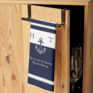 Nautical Navy Blue Anchor Coastal Monogram Name  B Tea Towel