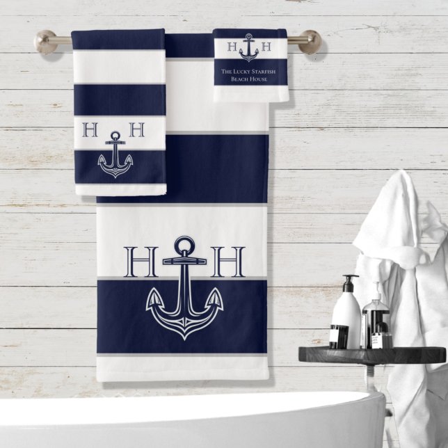 Nautical Navy Blue Anchor Coastal Monogram Name Sh Bath Towel Set (Creator Uploaded)