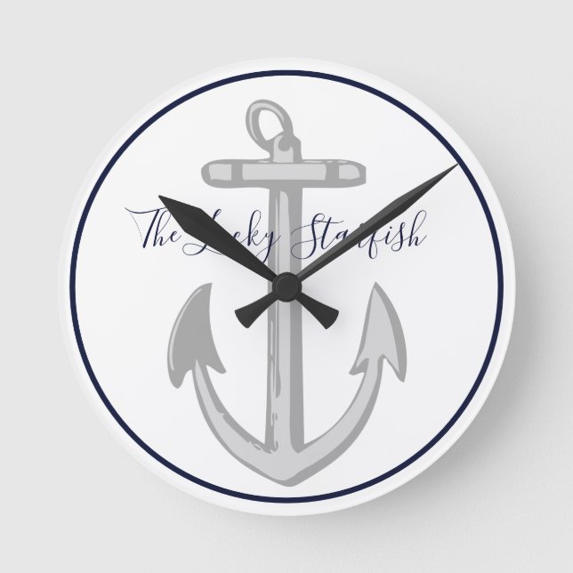 Nautical Navy Blue Anchor Coastal Monogram Round C Clock (Front)
