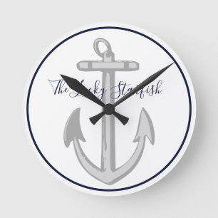 Nautical Navy Blue Anchor Coastal Monogram Round C Round Clock