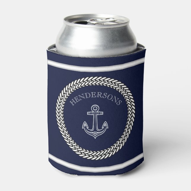 Nautical Navy Blue Anchor Coastal Monogram Round P Can Cooler (Can Front)