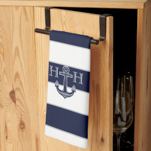 Nautical Navy Blue Anchor Coastal Monogram  Tea Towel