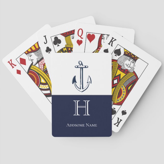 Nautical Navy Blue Anchor Coastal Monogrammed Play Playing Cards (Back)