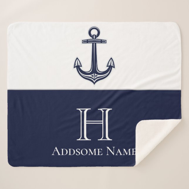 Nautical Navy Blue Anchor Coastal Monogrammed Sherpa Blanket (Front (Horizontal))