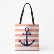 Nautical Navy Blue Anchor Coral Peach Stripe Beach