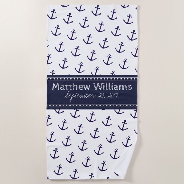Nautical Navy Blue Anchor Custom Beach Towel (Front)
