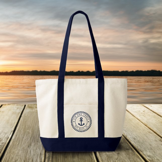 Nautical Navy Blue Anchor Custom Boat Name Tote Bag (Creator Uploaded)