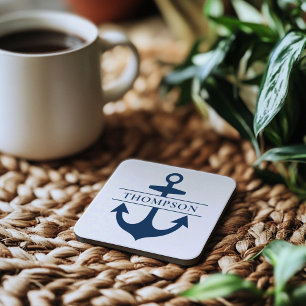Nautical Navy Blue Anchor Custom Monogram Name Coaster