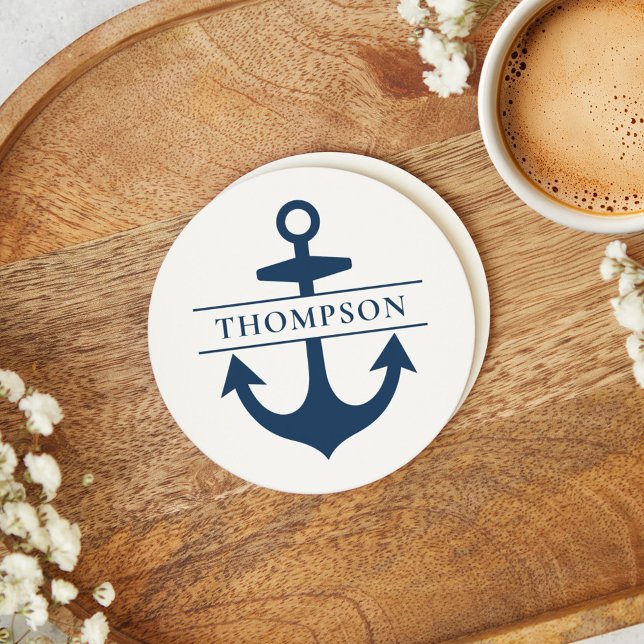 Nautical Navy Blue Anchor Custom Monogram Name Round Paper Coaster (Creator Uploaded)