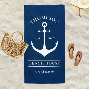 Nautical Navy Blue Anchor Custom Vacation Home Beach Towel