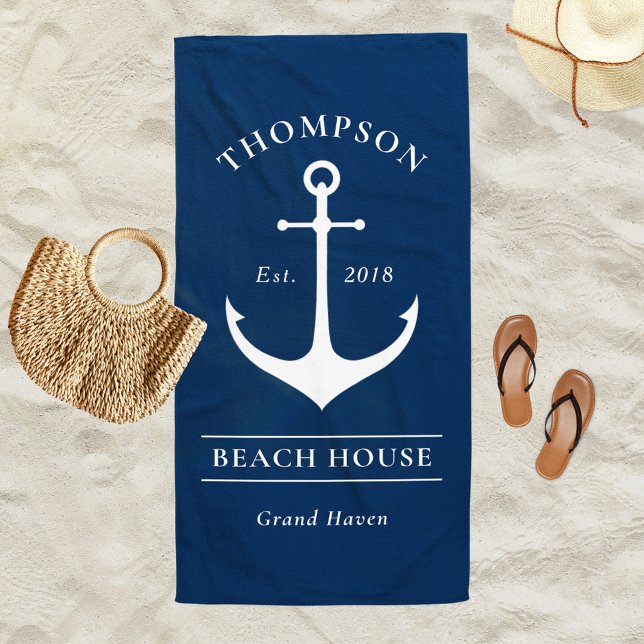 Nautical Navy Blue Anchor Custom Vacation Home Beach Towel (Creator Uploaded)