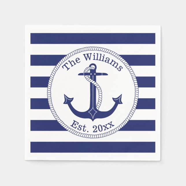 Nautical Navy Blue Anchor Family Name Napkin (Front)