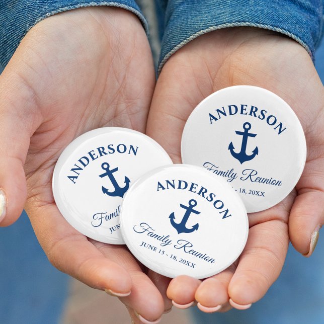 Nautical Navy Blue Anchor Family Reunion 6 Cm Round Badge (Customize to change text size,  text style or background color.)