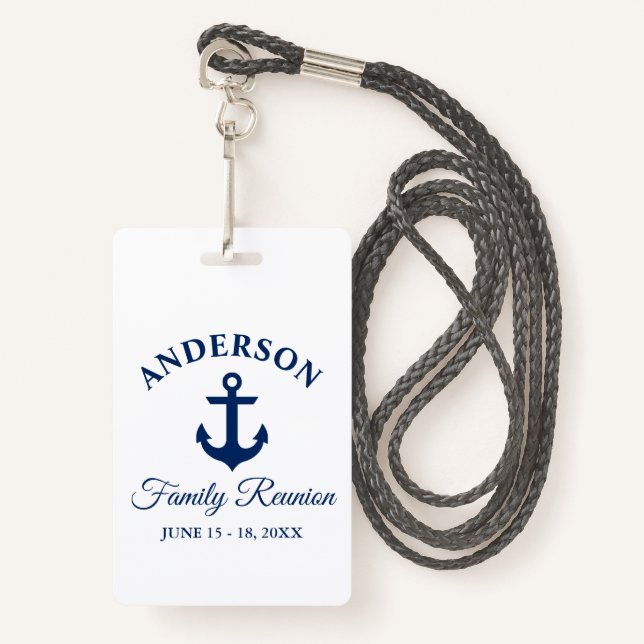 Nautical Navy Blue Anchor Family Reunion ID Badge (Front with Lanyard)