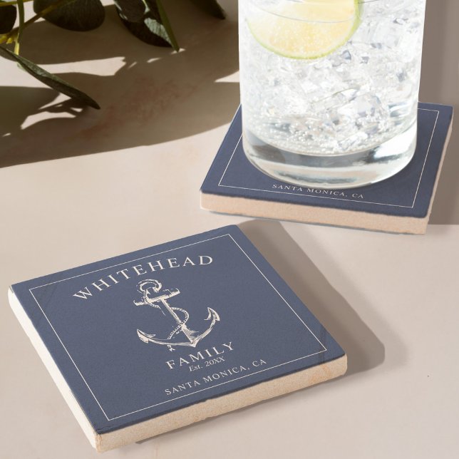 Nautical Navy Blue Anchor Family Stone Coaster (Elevate your dining experience with our Stone Coaster with Rustic Wood Design with Anchor)