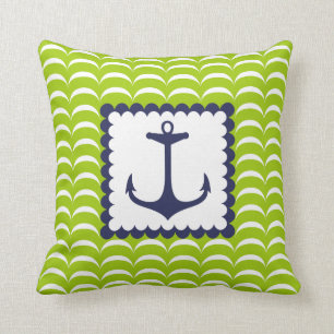 Nautical  Navy Blue Anchor Green  Waves Pattern Cushion