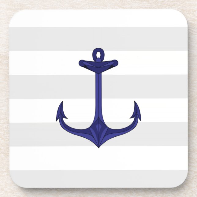 Nautical Navy Blue Anchor Grey White Stripes Coaster (Front)