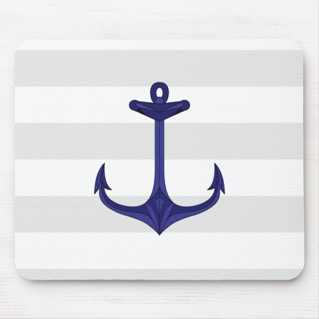 Nautical Navy Blue Anchor Grey White Stripes Mouse Pad (Front)
