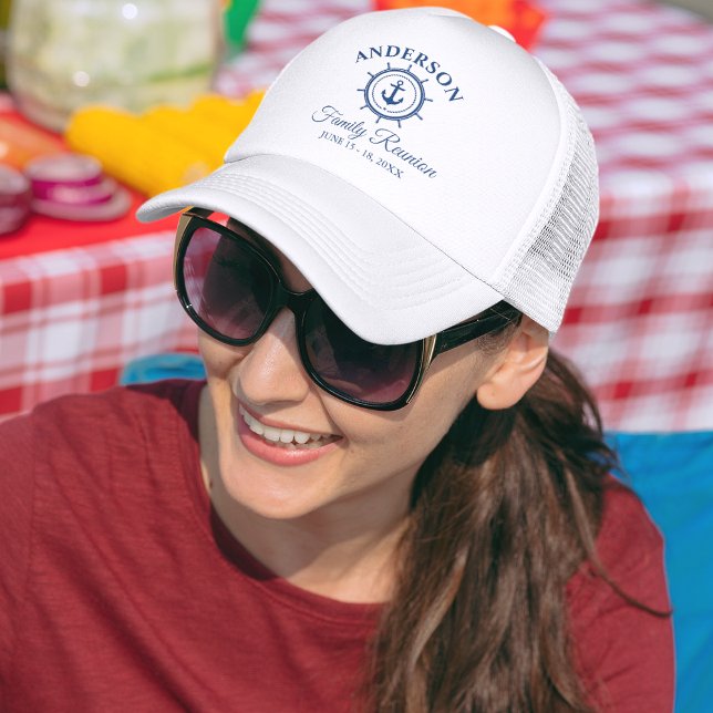 Nautical Navy Blue Anchor Helm Family Reunion Trucker Hat (Customize to change text size or color.)