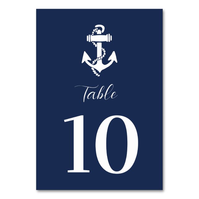 Nautical Navy Blue Anchor Modern Elegant Wedding Table Number (Front)