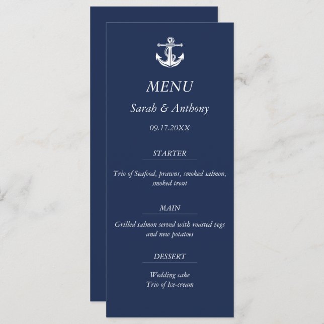 Nautical Navy Blue Anchor Modern Wedding Food  Menu (Front/Back)