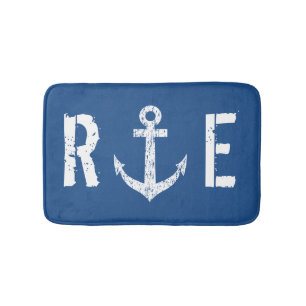 Nautical navy blue anchor monogram bath mat rug