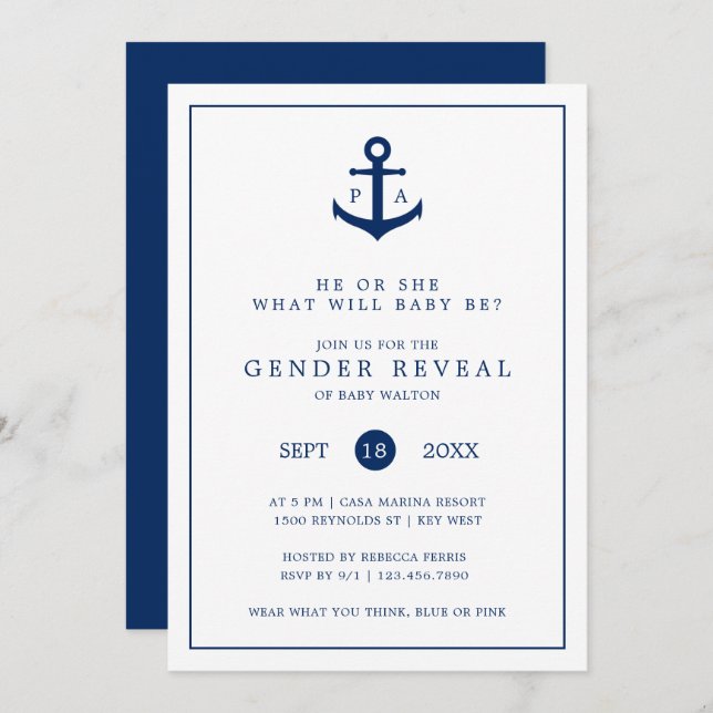 Nautical Navy Blue Anchor Monogram Gender Reveal Invitation (Front/Back)