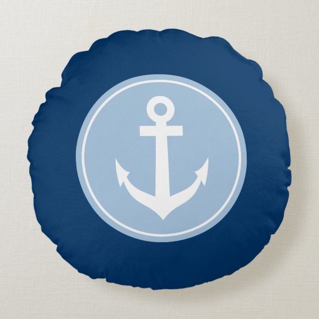 Nautical navy blue anchor monogram round pillow (Front)