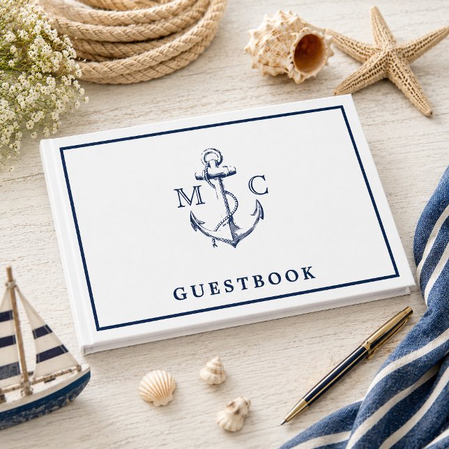 Nautical Navy Blue Anchor Monogram Wedding Guest Book (Add a nautical designed guestbook to your beach or seaside wedding. )