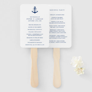 Nautical Navy Blue Anchor Monogram Wedding Program Hand Fan