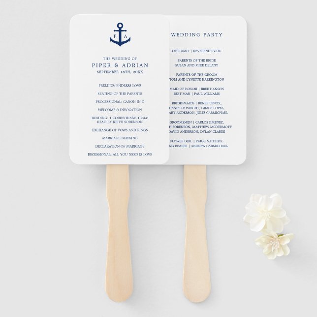 Nautical Navy Blue Anchor Monogram Wedding Program Hand Fan (Front and Back)