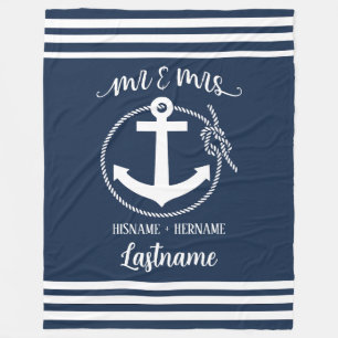 Nautical Navy Blue Anchor Mr and Mrs Fleece Blanket