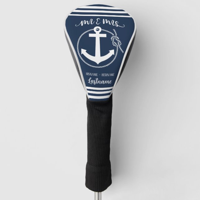 Nautical Navy Blue Anchor Mr and Mrs Golf Head Cover (Front)