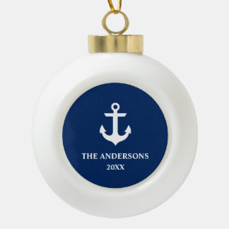 Nautical Navy Blue Anchor Name Year Ceramic Ball Christmas Ornament