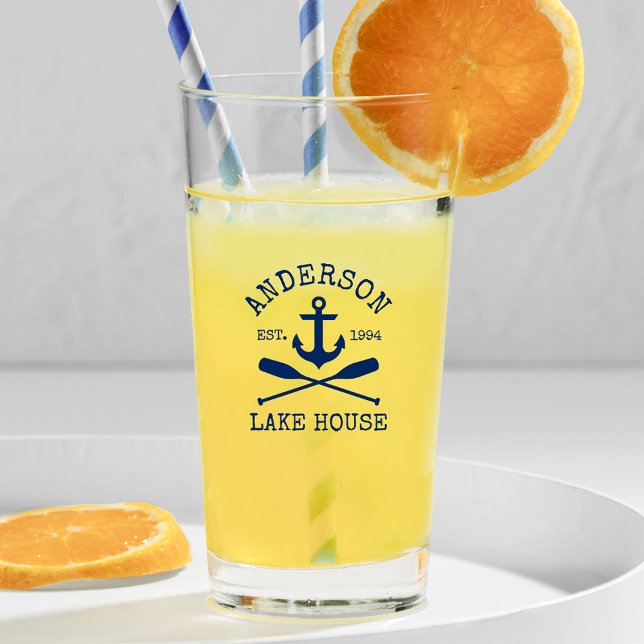 Nautical Navy Blue Anchor Oars Family Lake House Glass (Customize to change text size, color or text style.)