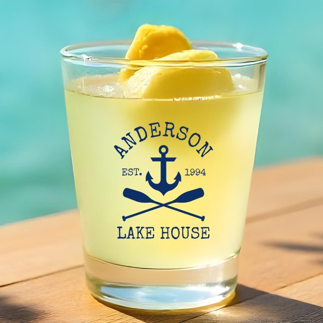 Nautical Navy Blue Anchor Oars Family Lake House Shot Glass (Customize to change text size or color.)