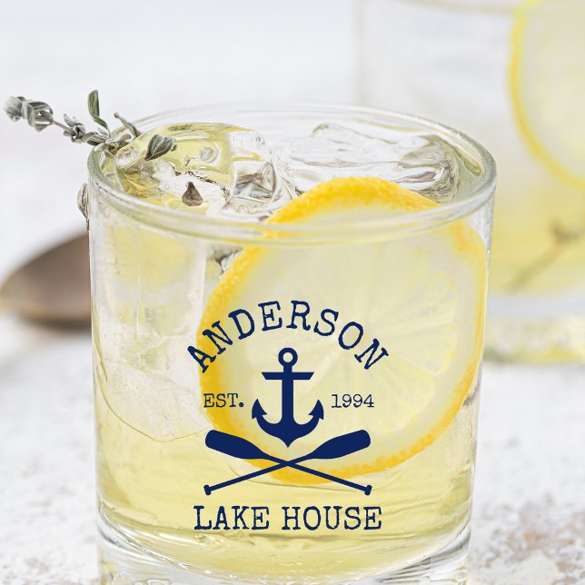 Nautical Navy Blue Anchor Oars Family Lake House Whiskey Glass (Several styles to choose from.)