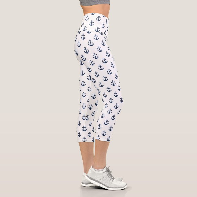 Nautical navy blue anchor on a white background capri leggings (Right)