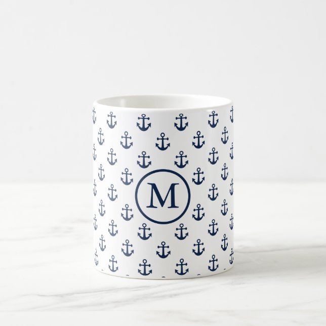 Nautical navy blue anchor on a white background coffee mug (Center)