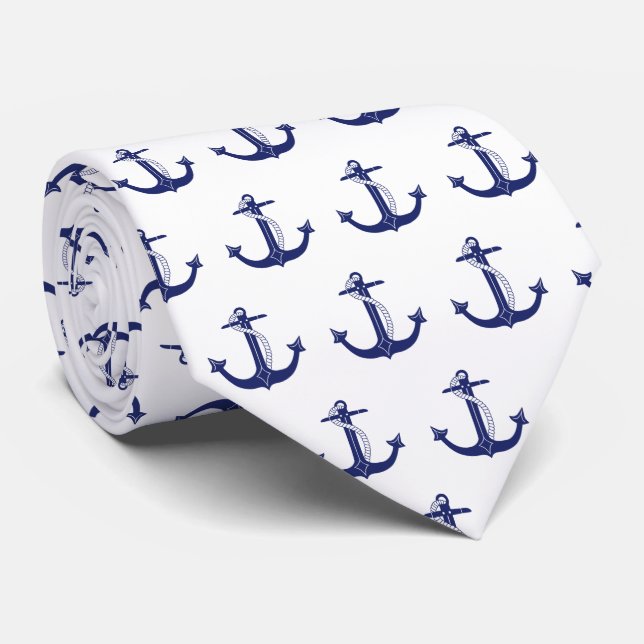 Nautical Navy Blue Anchor on White Pattern Tie (Rolled)