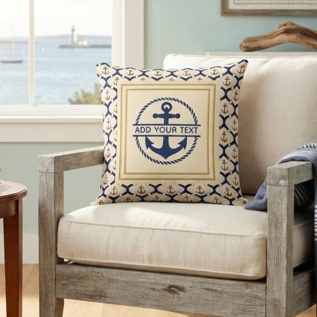 Nautical Navy Blue Anchor Pattern Custom Monogram Cushion (Creator Uploaded)