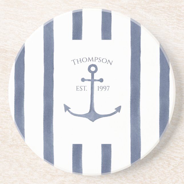 Nautical Navy Blue Anchor Personalised Coaster (Front)