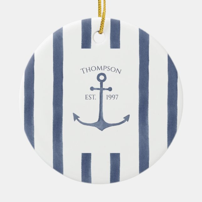 Nautical Navy Blue Anchor Personalised Coaster Ceramic Ornament (Front)