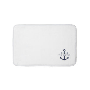 Nautical Navy Blue Anchor Personalised Family Name Bath Mat
